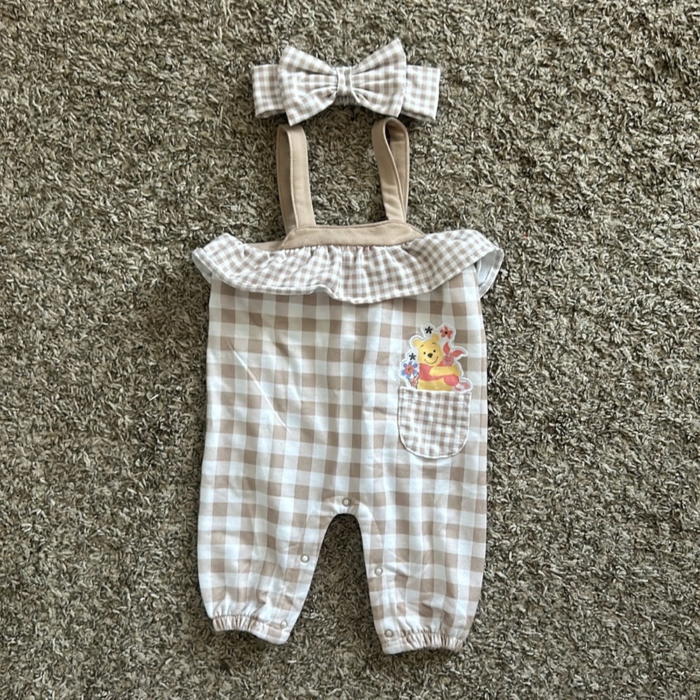 Disney baby Tan Checkered Kids Overalls with matching bow